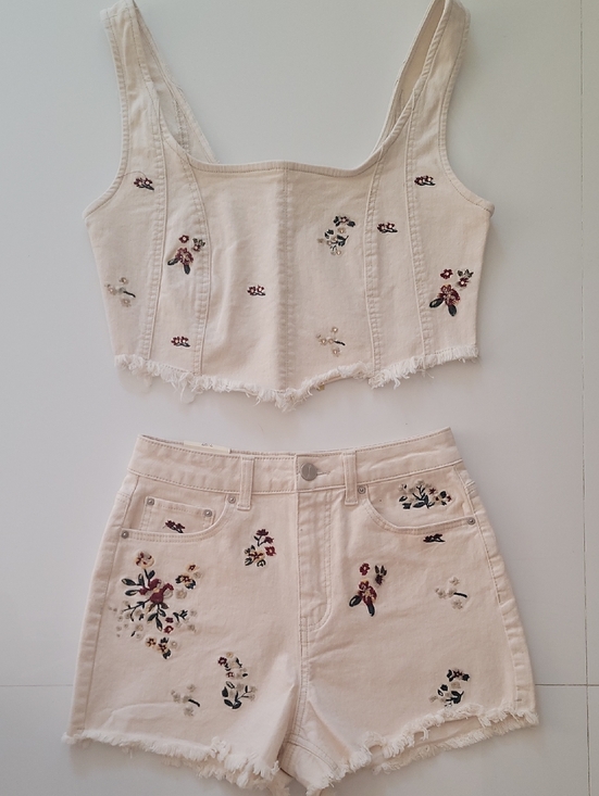 Banjara Other - Banjara Floral Embroidered Cream Denim Corset Crop Top + High Rise Shorts